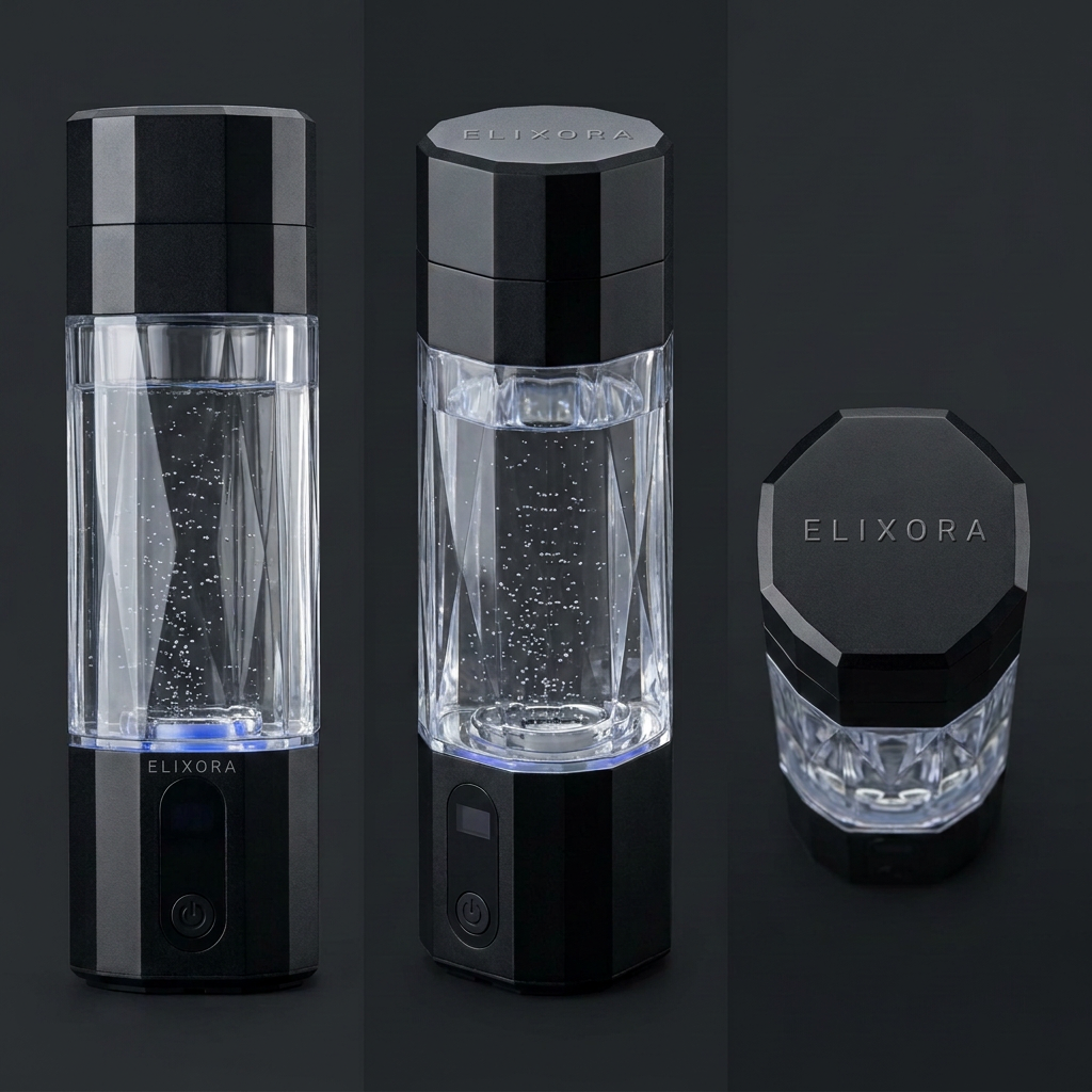 Elixora hydrogen water cup in matte black shown from three angles