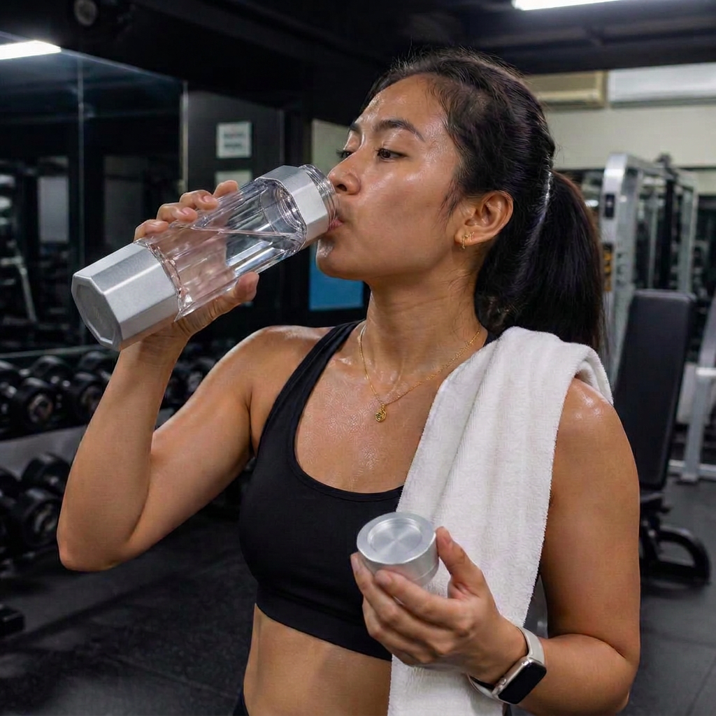 Filipina woman drinking from the silver Elixora hydrogen water cup inside a gym