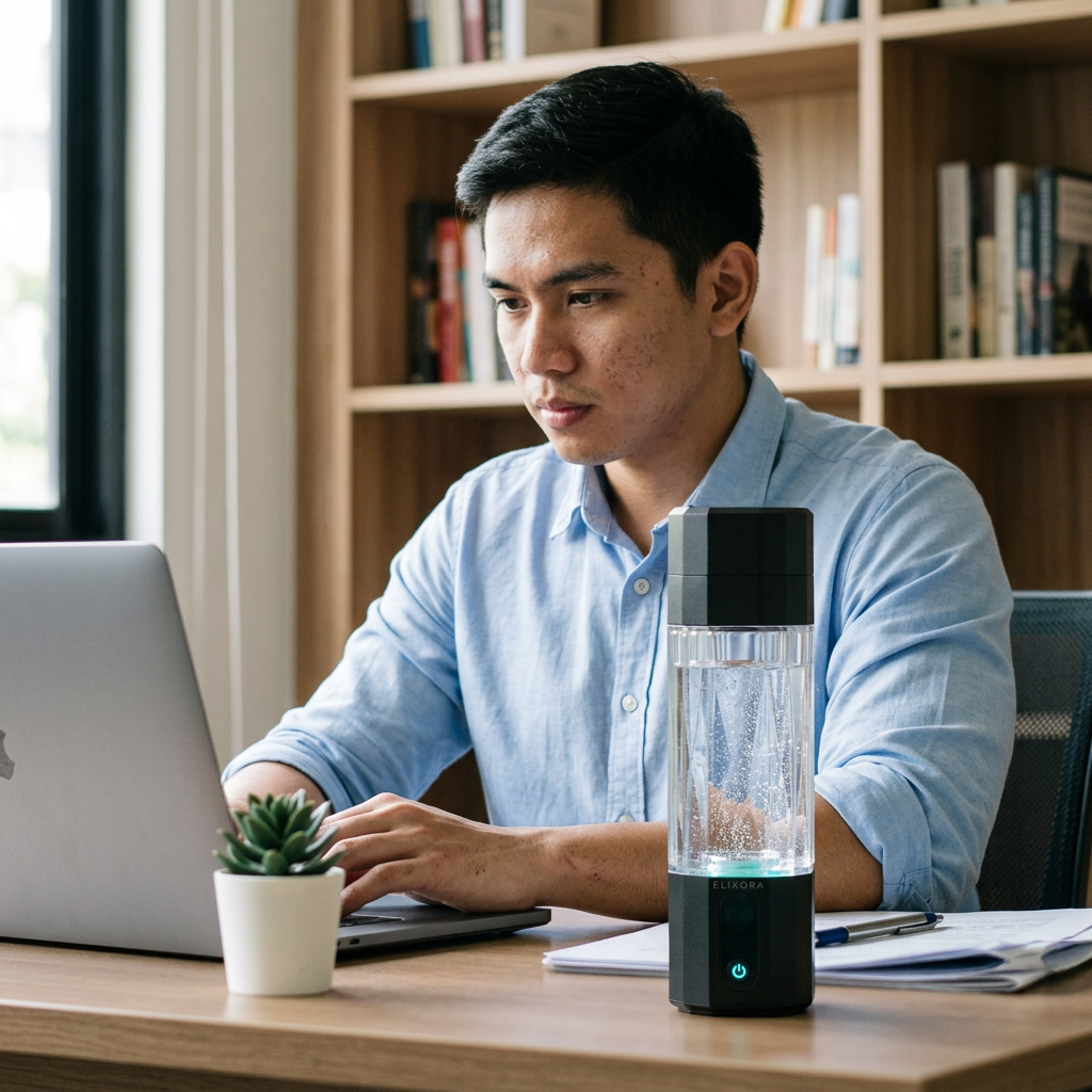 Filipino man working at an office desk with the black Elixora hydrogen water cup