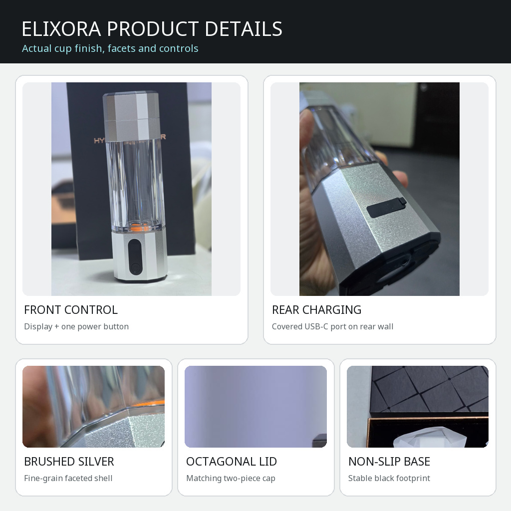 Elixora product details: leak-proof lid, smooth rim, food-grade barrel, USB-C charging and non-slip base