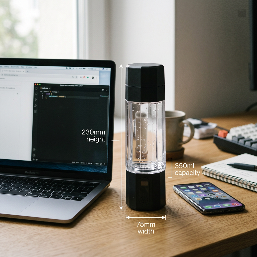 Elixora size reference: 230mm tall, 75mm wide, 350ml capacity shown beside a laptop