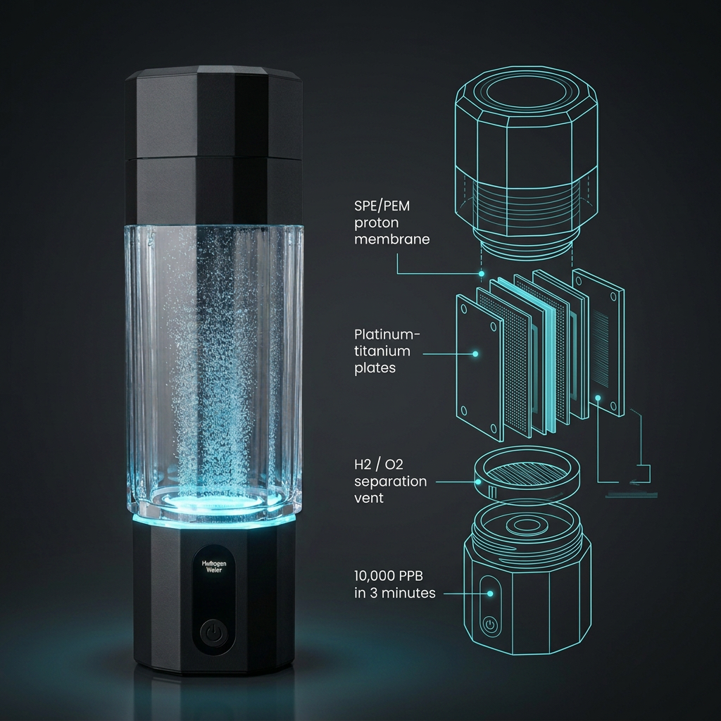 Elixora SPE/PEM technology diagram with platinum-titanium electrolysis plates and 10,000 PPB output