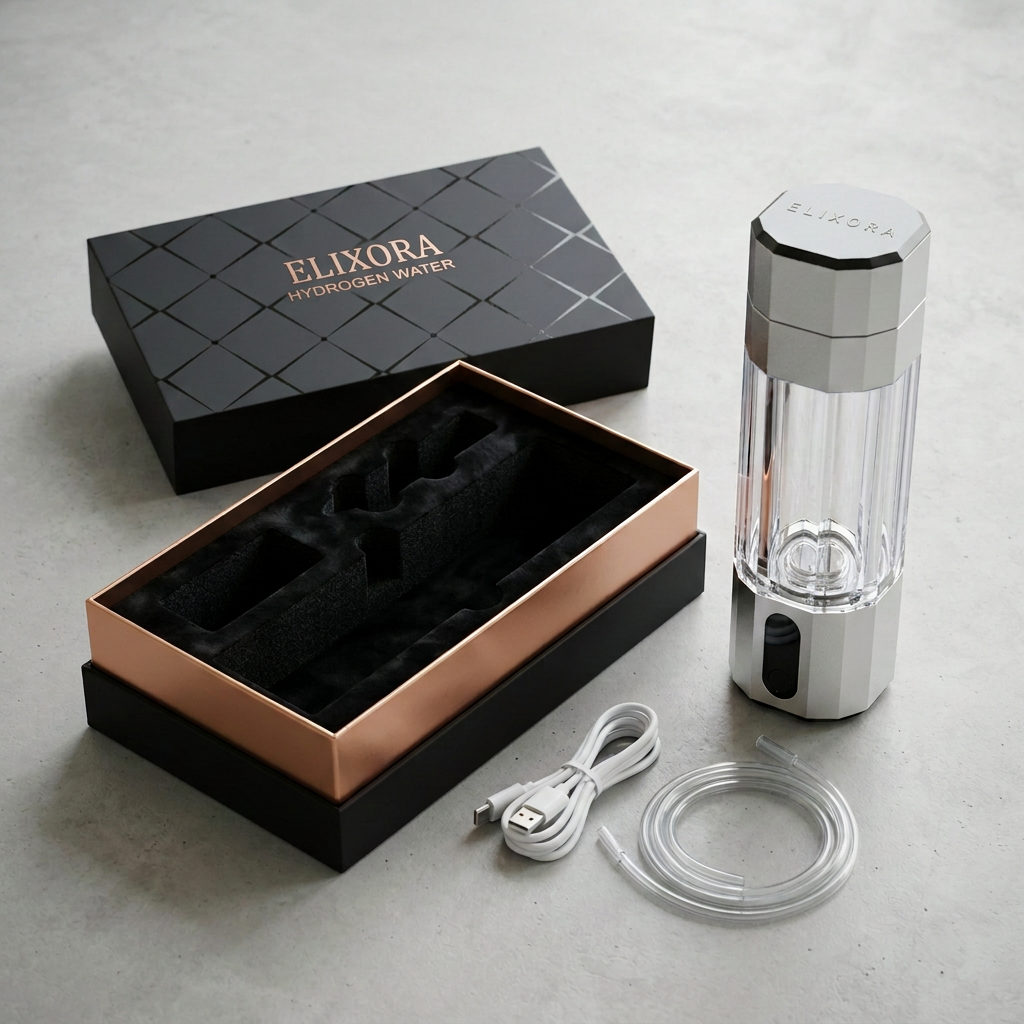 Elixora hydrogen water cup with its Hydrogen Water gift box, USB-C cable and inhalation tube