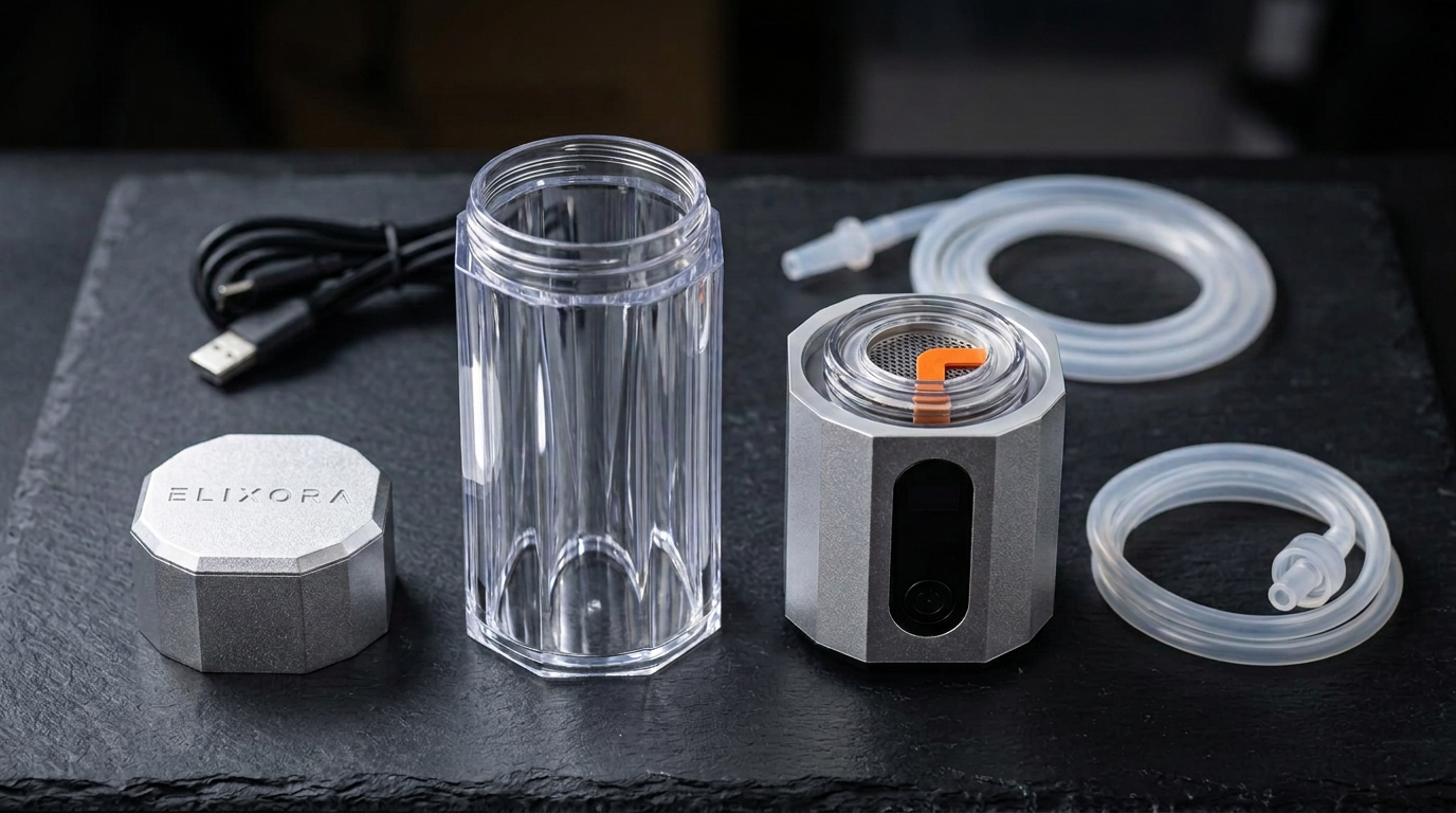 Elixora hydrogen water cup disassembled: octagonal cap, crystal barrel, SPE/PEM electrolysis base, USB-C cable and inhalation tube